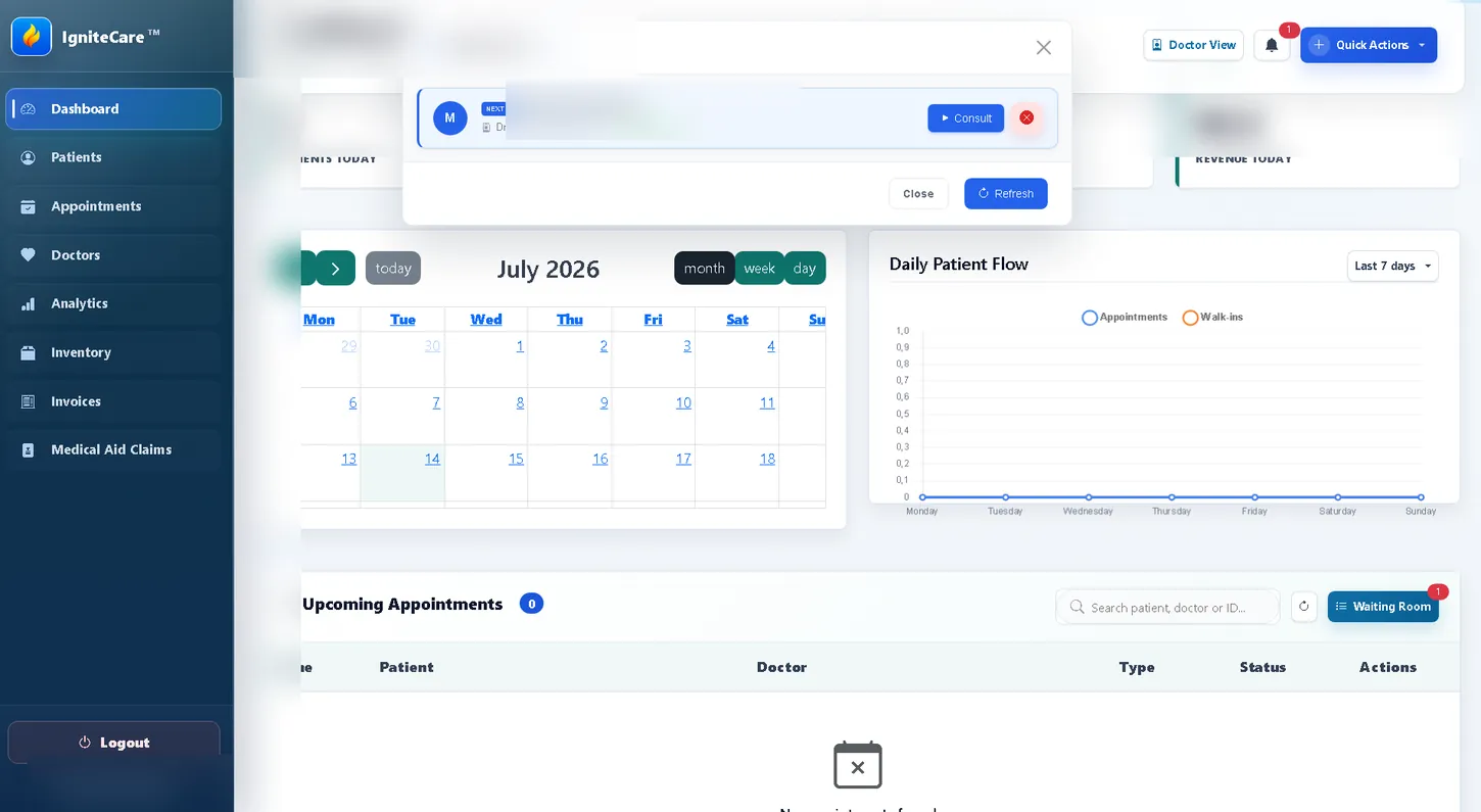 IgniteCare admin dashboard with appointments and waiting room