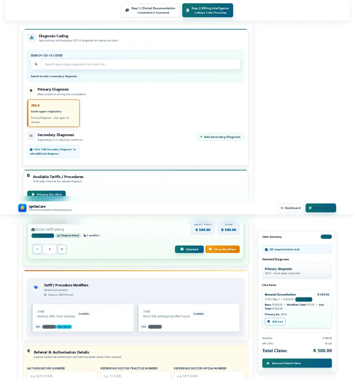 IgniteCare billing intelligence with diagnosis coding, tariff selection and claim summary