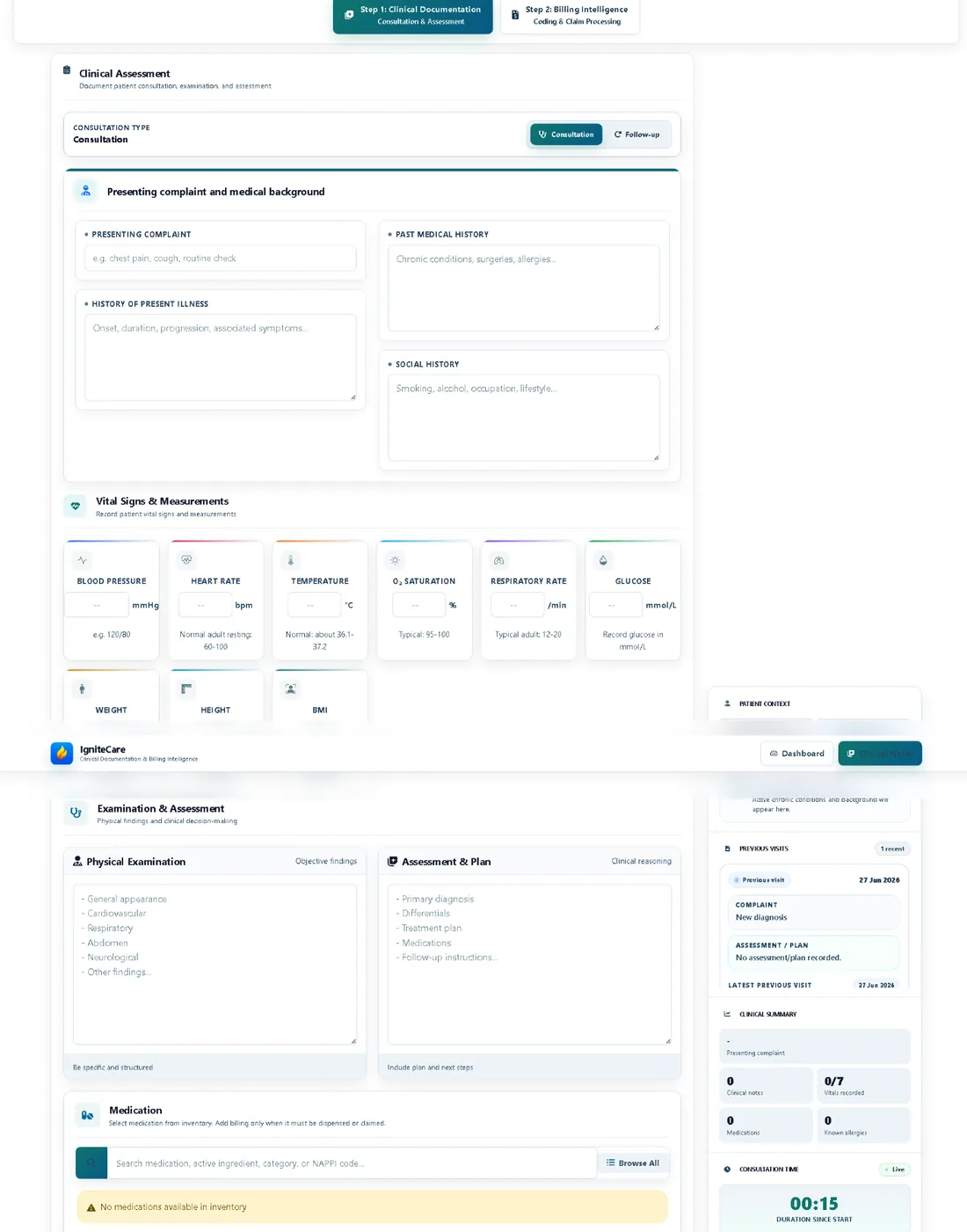 IgniteCare clinical assessment with consultation type, history, vital signs and assessment