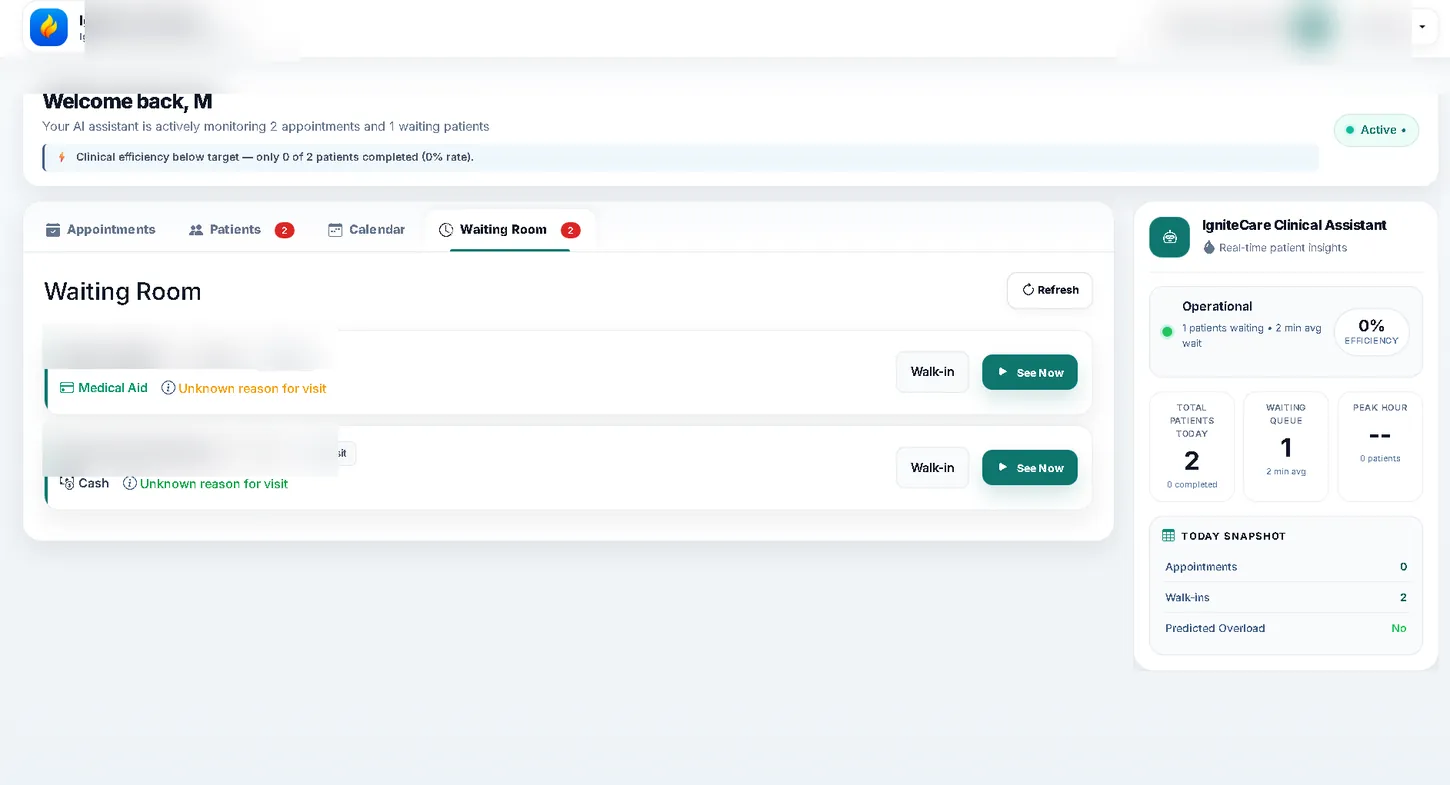 IgniteCare doctor dashboard showing waiting-room workflow